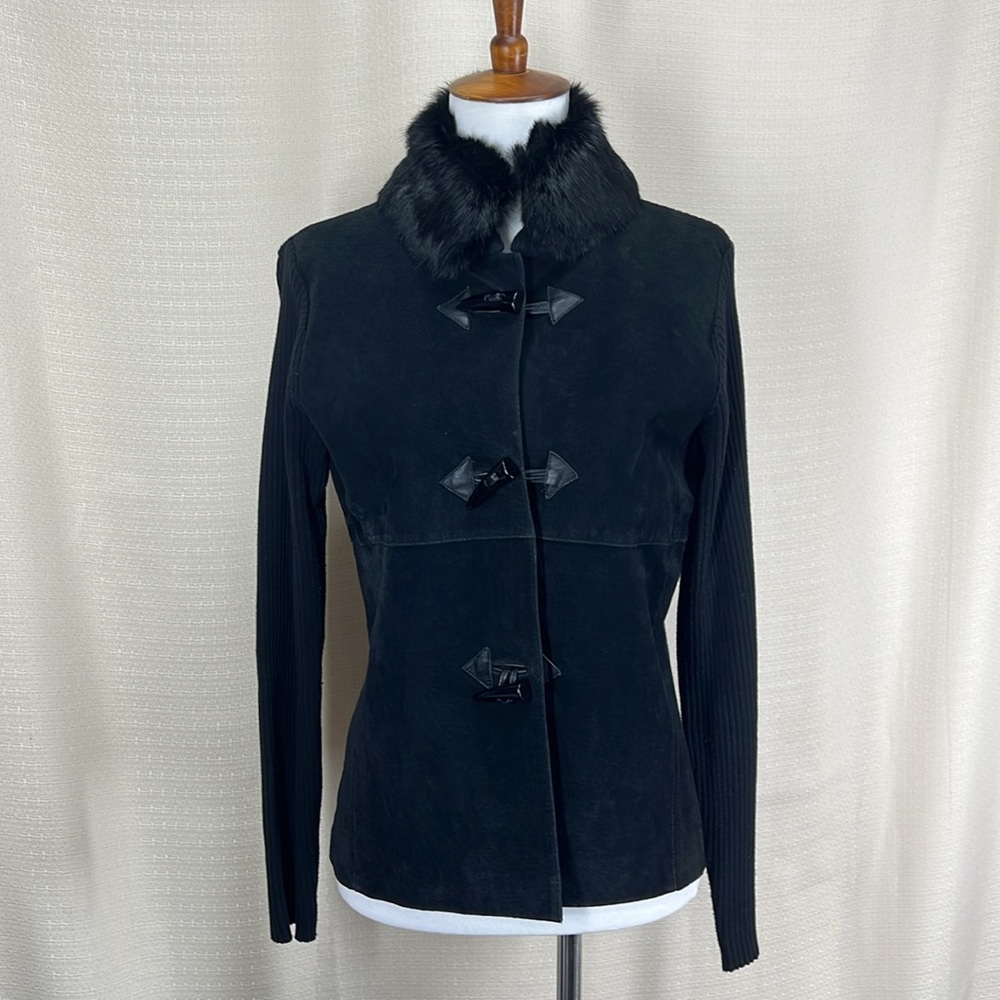 ESCAPADE vintage suede & genuine leather rabbit fur collar black sweater jacket
